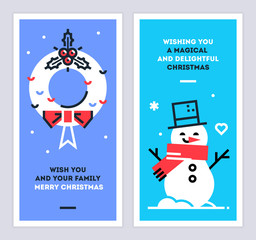 Christmas and New Year linear cards set with snowman and wreath. Set of xmas thin line design templates for print or web. Vector illustration.