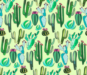 Bright cute beautiful abstract lovely mexican tropical floral herbal summer green set of a cactus paint like child on light green background vector. Perfect for textile, wallpapers, wrapping paper