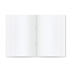 Vector opened realistic graph or quad ruled school copybook with red margins. Blank lined pages of notebook or exercise book with staples mockup or template