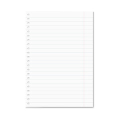 Blank realistic vector lined school notebook paper sheet with red margins and shadow. Copybook or exercise book clear ruled page with holes for spiral binder, mockup for your text
