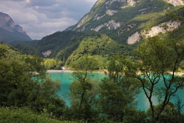 Fototapeta na wymiar Foreshortening on Tenno Lake near Riva del Garda. Trentino, Italy