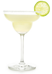 margarita cocktail garnished with salt and lime isolated on white