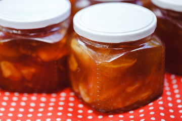 Fresh jam from apples in a jar. The process of preparing jam. Jam from apples.