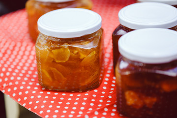 Fresh jam from apples in a jar. The process of preparing jam. Jam from apples.