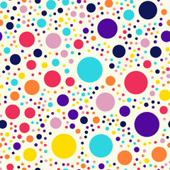 Memphis style polka dots seamless pattern on milk background. Pleasant modern memphis polka dots creative pattern. Bright scattered confetti fall chaotic decor. Vector illustration.