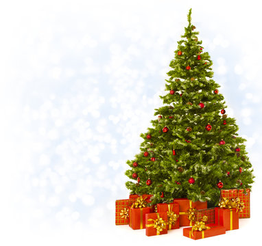 Christmas Tree With Present Gift Boxes, Decorated Xmas Tree Over Blue Holiday Background