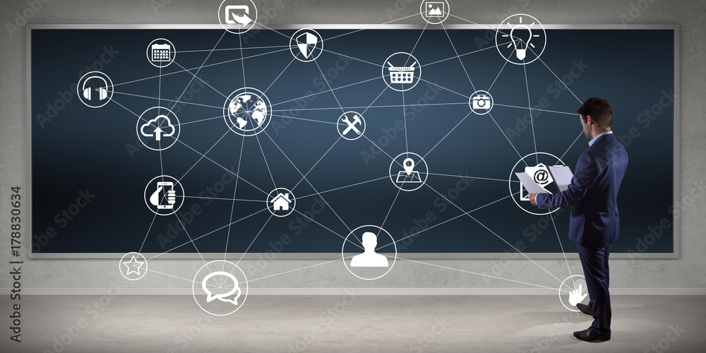 Aufkleber Businessman using social network interface on a board 3D rendering