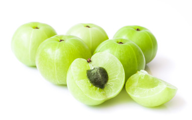 Fresh indian gooseberry fruit on white background with high vitamin C, Herb and medical for health concept