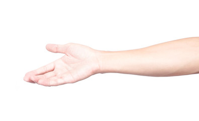 Man hands holding something on white background for product advertising concept