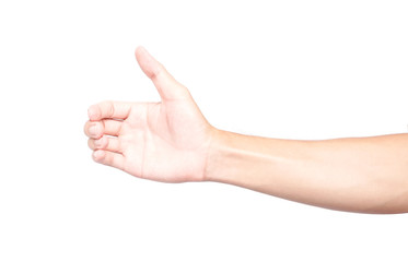 Man hands holding something on white background for product advertising concept