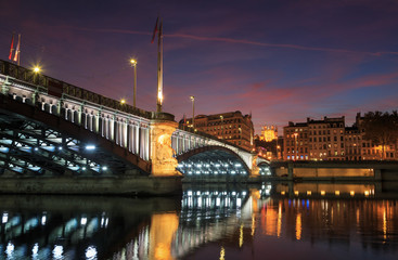 Fototapeta premium Dusk under Pont de Lafayette over the Rhone river in Lyon, France.