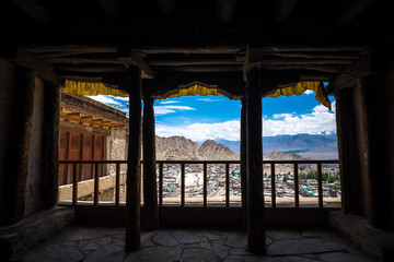 View through the window of Leh Palace in Leh district, Ladakh, in the north Indian state of Jammu...
