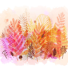 trendy autumn exotic leaves watercolor background. Vector botanical illustration, Great design element for congratulation cards, banners and other