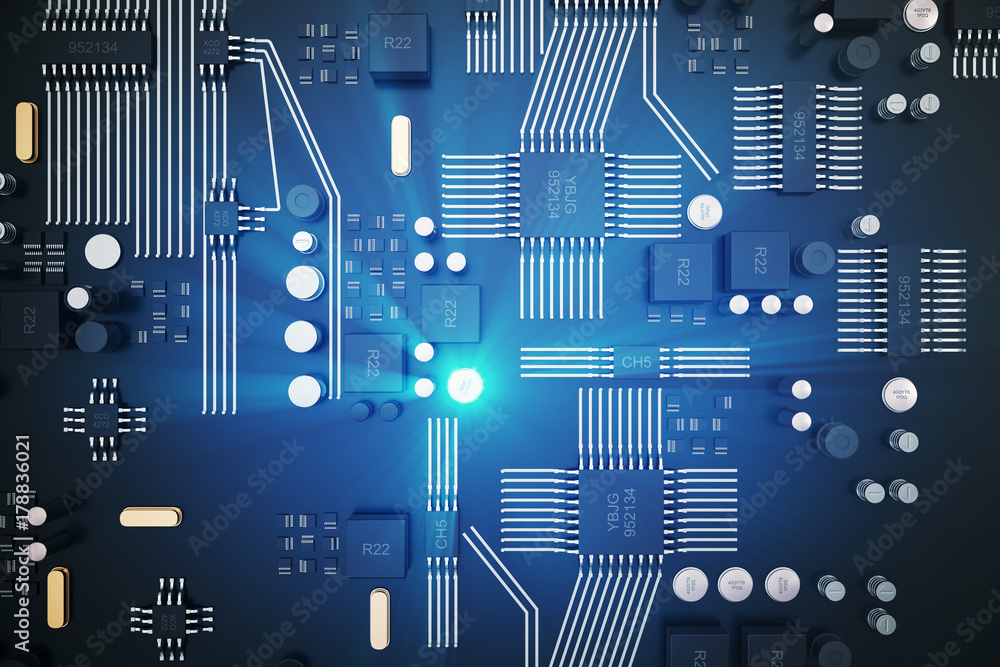 Poster 3d rendering circuit board. technology background. central computer processors cpu concept. motherbo