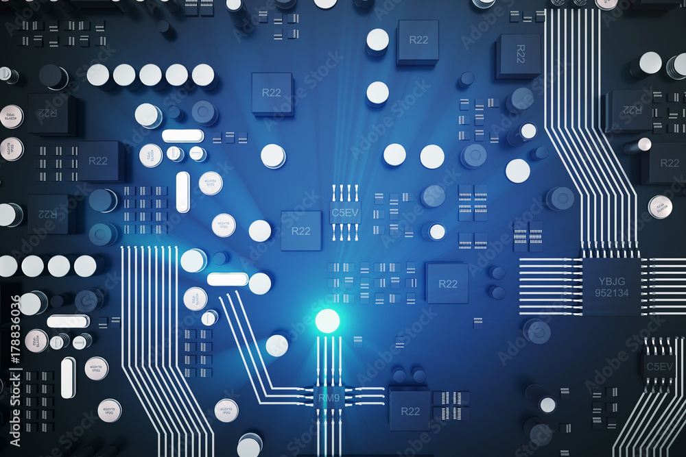 Poster 3d rendering circuit board. technology background. central computer processors cpu concept. motherbo