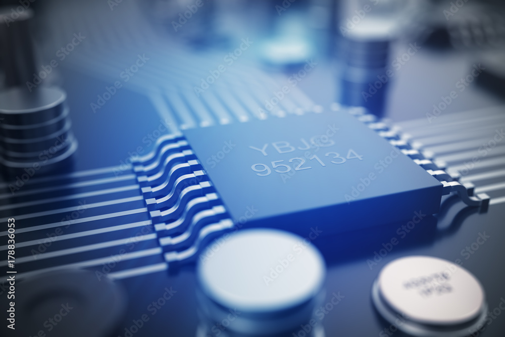 Poster 3d rendering circuit board. technology background. central computer processors cpu concept. motherbo