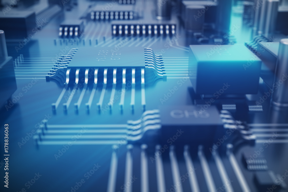Poster 3d rendering circuit board. technology background. central computer processors cpu concept. motherbo