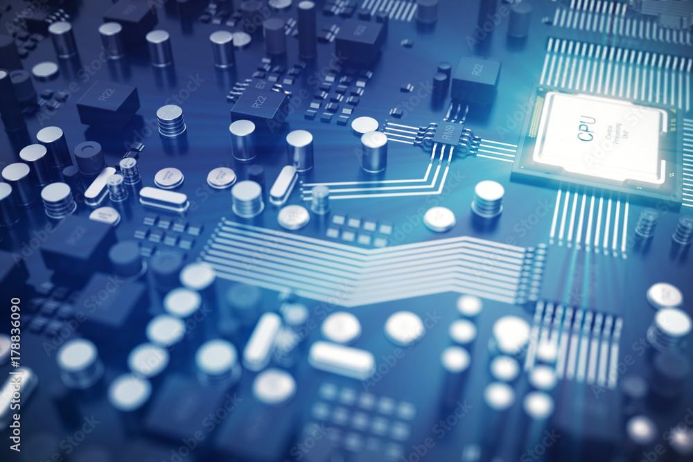 Poster 3d rendering circuit board. technology background. central computer processors cpu concept. motherbo