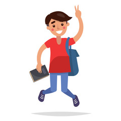 Jumping Brunette Student with Book and Briefbag