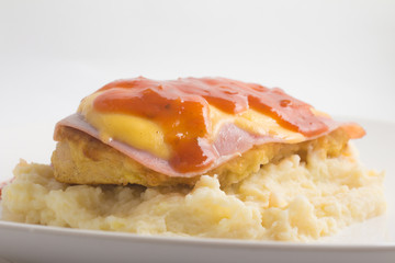 Chicken Fillet with rice and Mushed Potatoes. Parmegiana Fillet