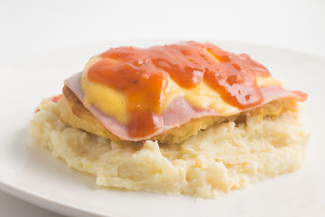 Chicken Fillet with rice and Mushed Potatoes. Parmegiana Fillet