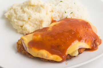 Chicken Fillet with rice and Mushed Potatoes. Parmegiana Fillet