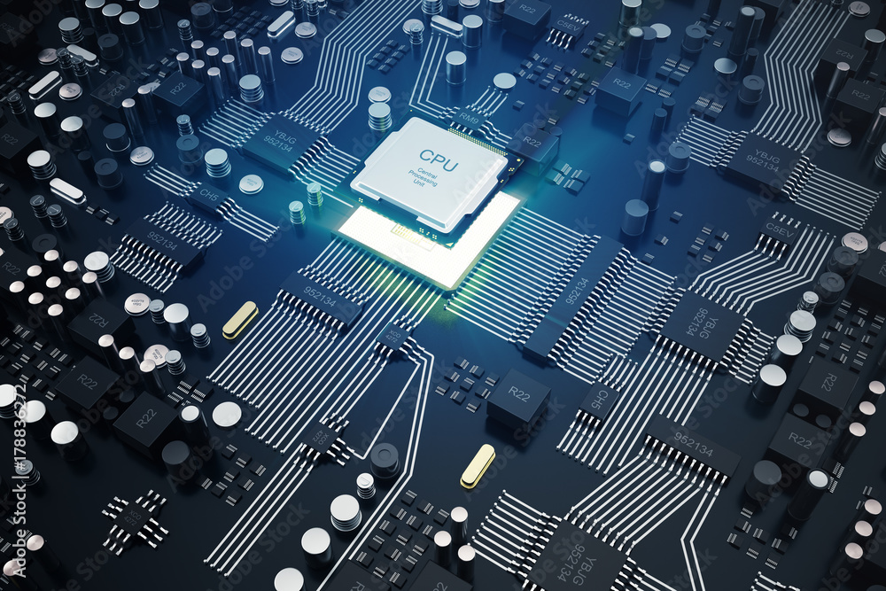 Poster 3d rendering central computer processors cpu concept. electronic engineer of computer technology. co