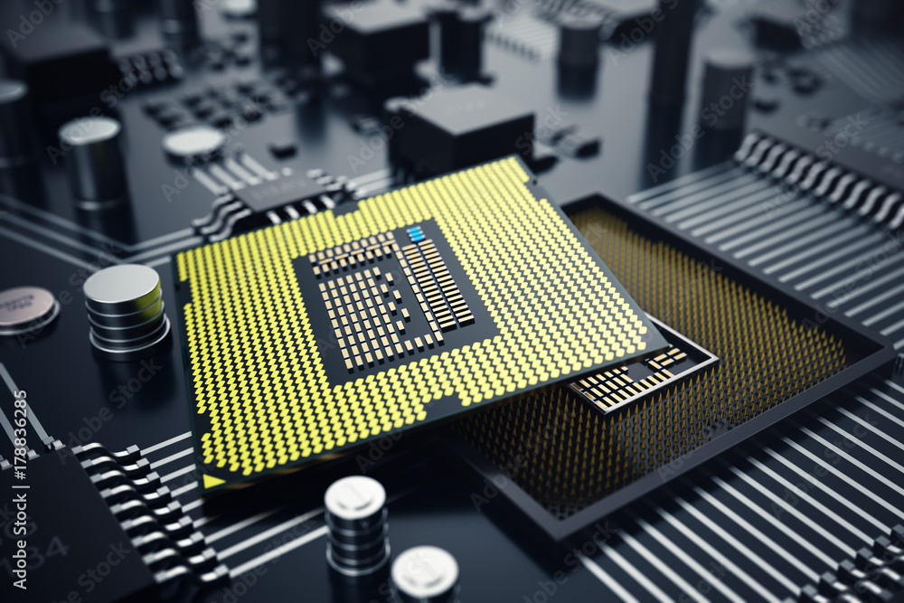 Poster 3d rendering central computer processors cpu concept. electronic engineer of computer technology. co
