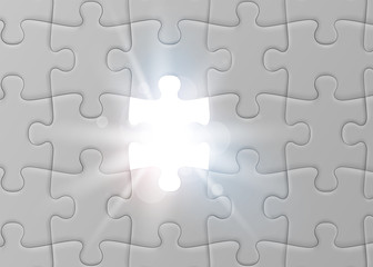 White jigsaw puzzle with missed and shining piece. Solution concept.