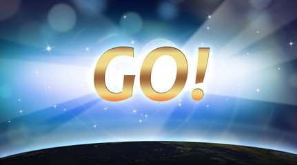 let's go - golden word with blue space and black shadow of mysterious planete