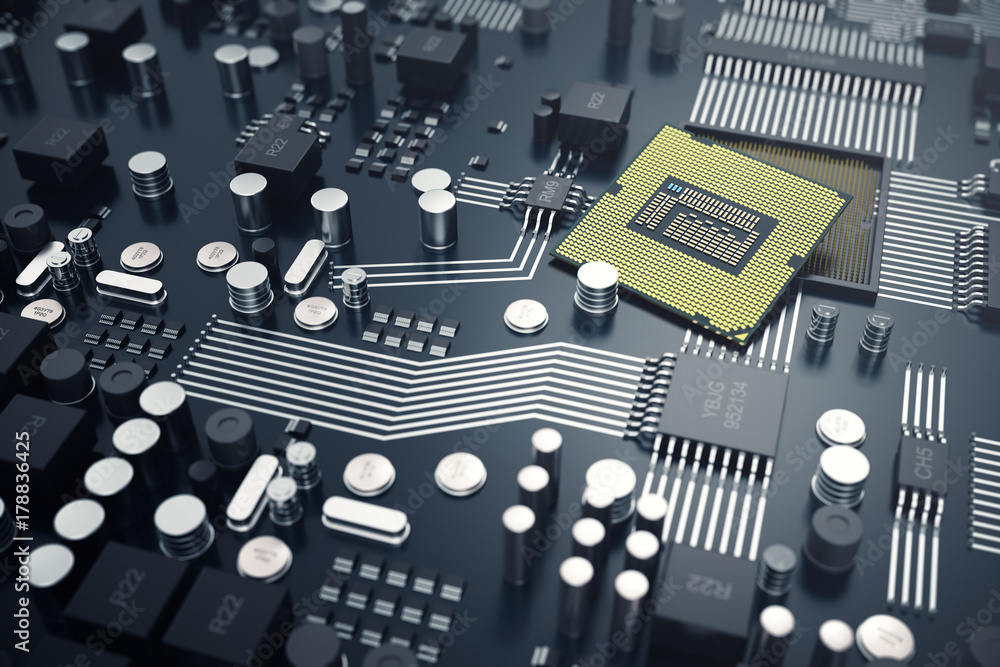 Poster 3d rendering central computer processors cpu concept. electronic engineer of computer technology. co