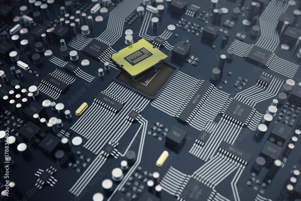 Poster 3d rendering central computer processors cpu concept. electronic engineer of computer technology. co
