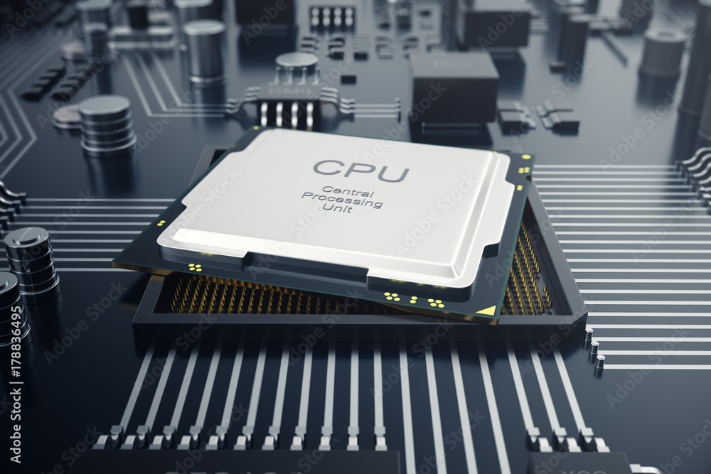 Poster 3d rendering central computer processors cpu concept. electronic engineer of computer technology. co