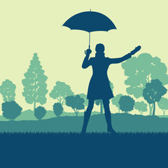 Obraz na płótnie Canvas Woman with umbrella and coat autumn tree sunset landscape vector