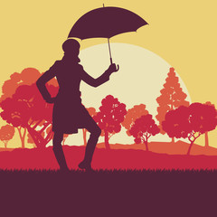 Woman with umbrella and coat autumn tree sunset landscape vector