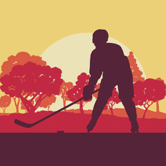 Hockey player on ice lake with stick landscape with snow trees vector