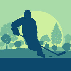 Hockey player on ice lake with stick landscape with snow trees vector