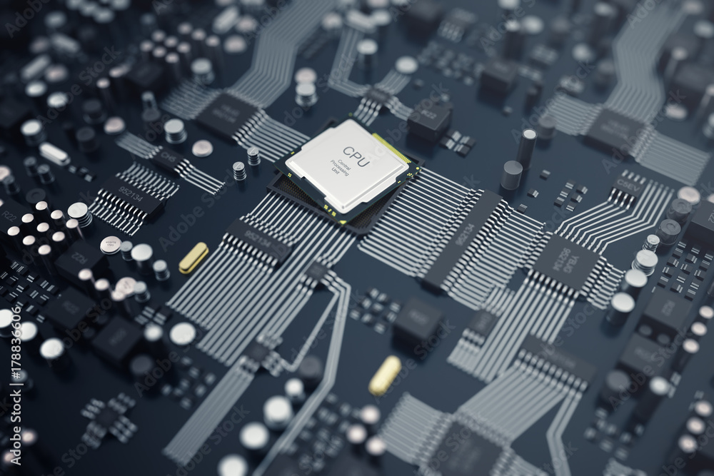 Poster 3d rendering central computer processors cpu concept. electronic engineer of computer technology. co