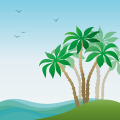 Fototapeta na wymiar Exotic Landscape, Tropical Island with Green Palm Trees, Blue Sea with Waves and Birds in the Sky. Vector