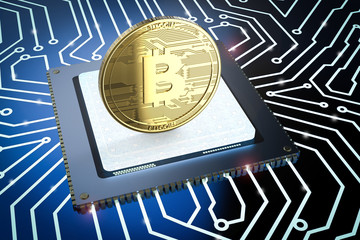 gold bitcoin on circuit board