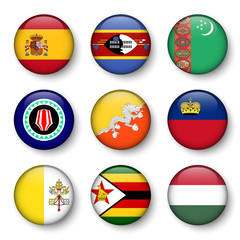 Obraz premium Set of world flags round badges ( Spain . Swaziland . Turkmenistan . Bougainville . Bhutan . Liechtenstein . Vatican city . Zimbabwe . Hungary )