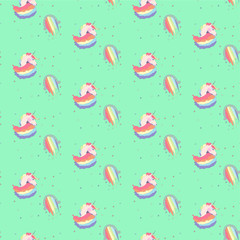 Bright beautiful lovely cute fairy magical colorful unicorns and rainbows pattern on green background vector illustration. Perfect for greeting and birthday card, wedding, invitation, textile design