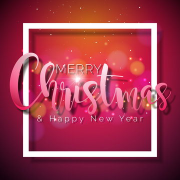 Merry Christmas and Happy New Year Illustration on Shiny Red Background with Typography and Holiday Elements, Vector EPS 10 design.