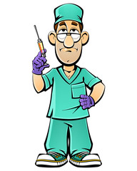  Cartoon doctor with a syringe makes an injection.