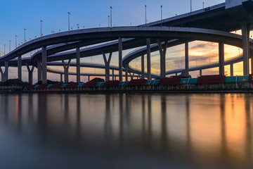 The Bhumibol Bridge with blue sky and sunset in the evening at Bangkok Thailand.