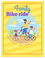 Family Riding Bikes Together Colorful Poster.