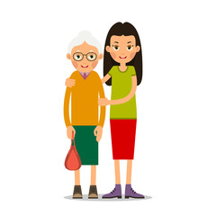 Young girl helps an old woman with a handbag hugging her and supporting her by the hand. Illustration in flat style. Isolated
