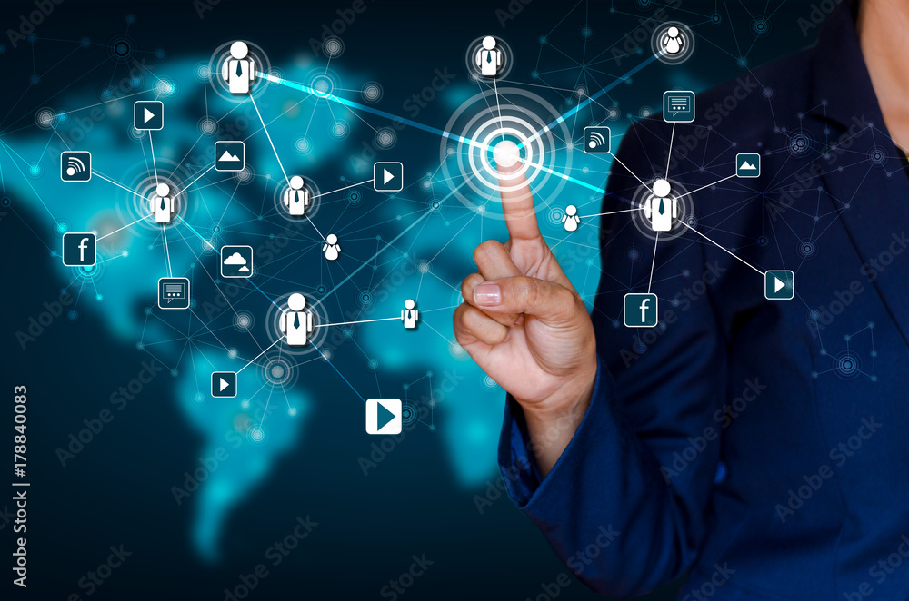 Poster communication technology network world map businessman pressing modern social buttons on a virtual b