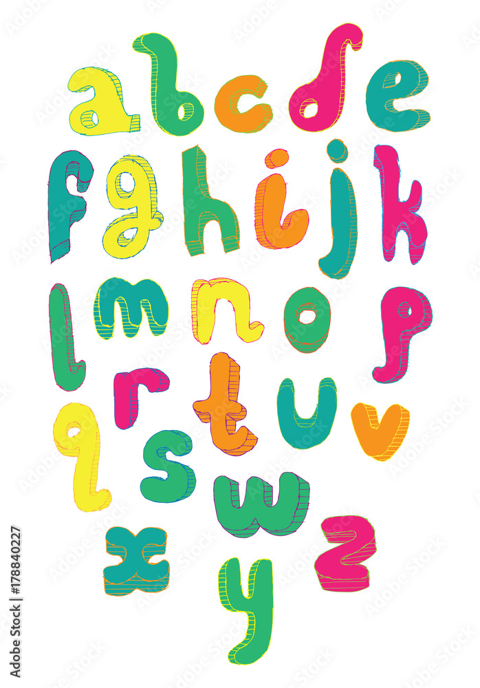 Aufkleber bright letters sequence from a to z. bright english font in hand drawn freehand style with hatch and