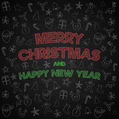 Christmas wishes on blackboard with funny hand drawn decoration. Vector.